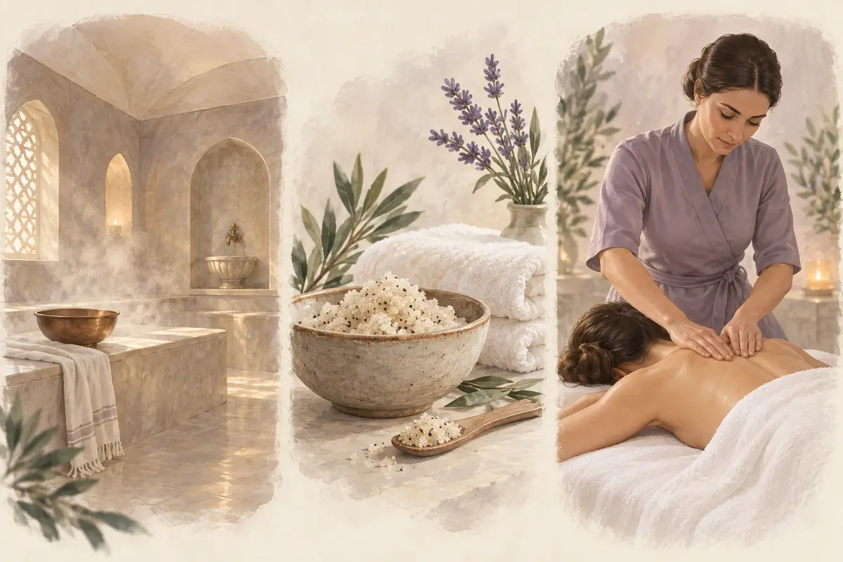 Возможные элементы SPA-программы: хаммам, скраб для тела и массаж